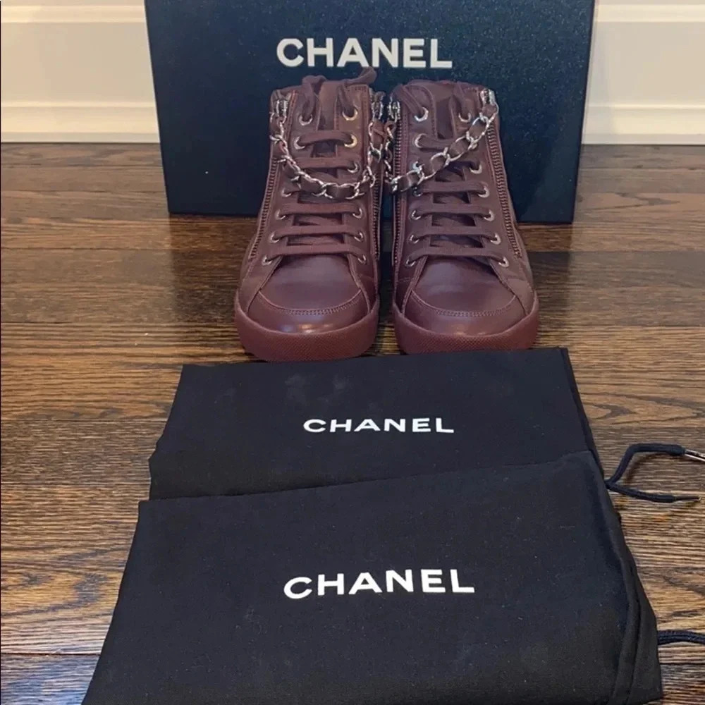 Chanel Burgundy Lambskin Skin Sneakers - Picture 7 of 8
